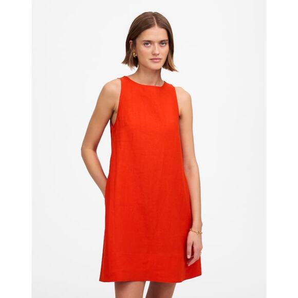 Madewell Women's Crew Sleeveless Linen Mini Shift Dress Bright Flame Red M New - Picture 1 of 9